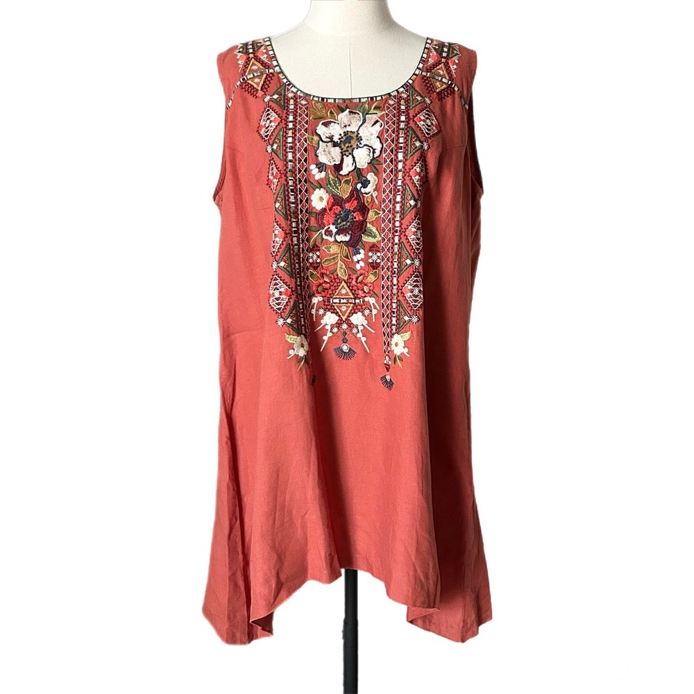 Johnny Was Mini Dress 100% Linen Rust Embroidered Floral Boho Sleeveless Size XL